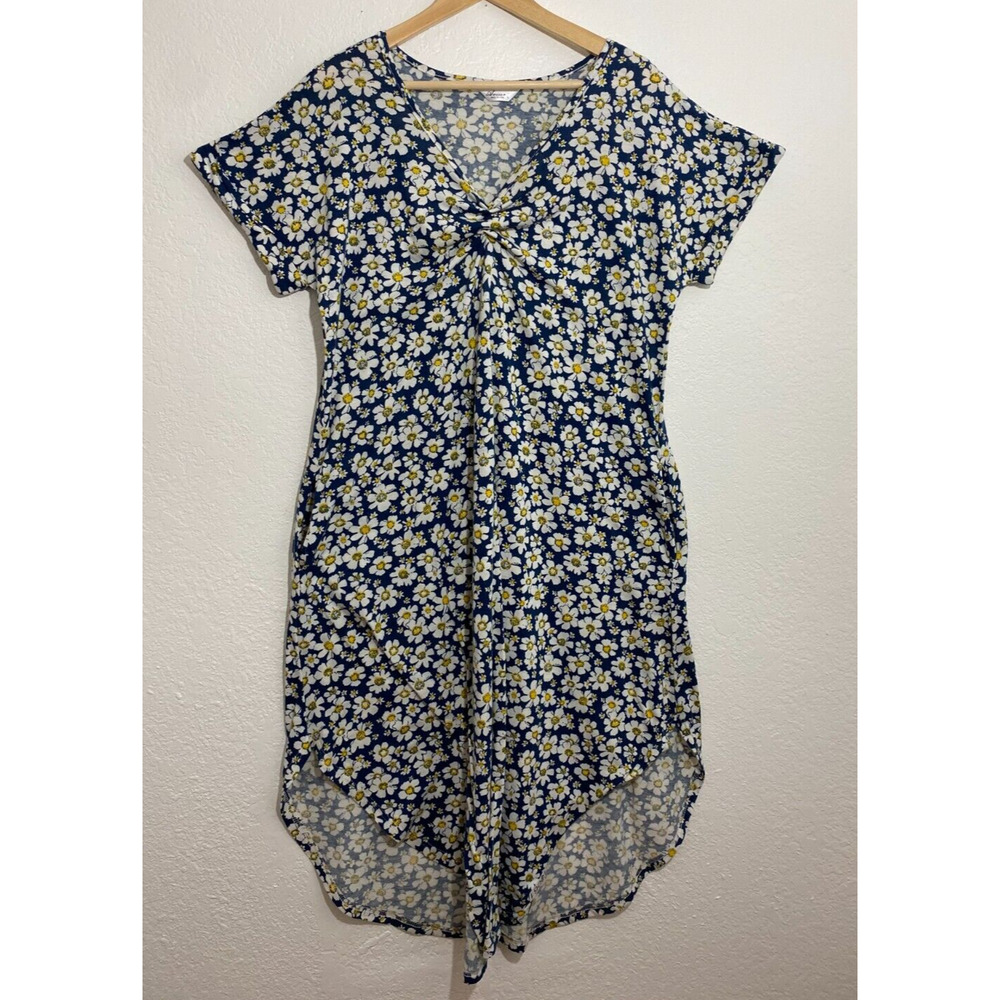 Aviier Size L Women Bleu White Yellow Nightgown House Dress Daisy Print Pullover
